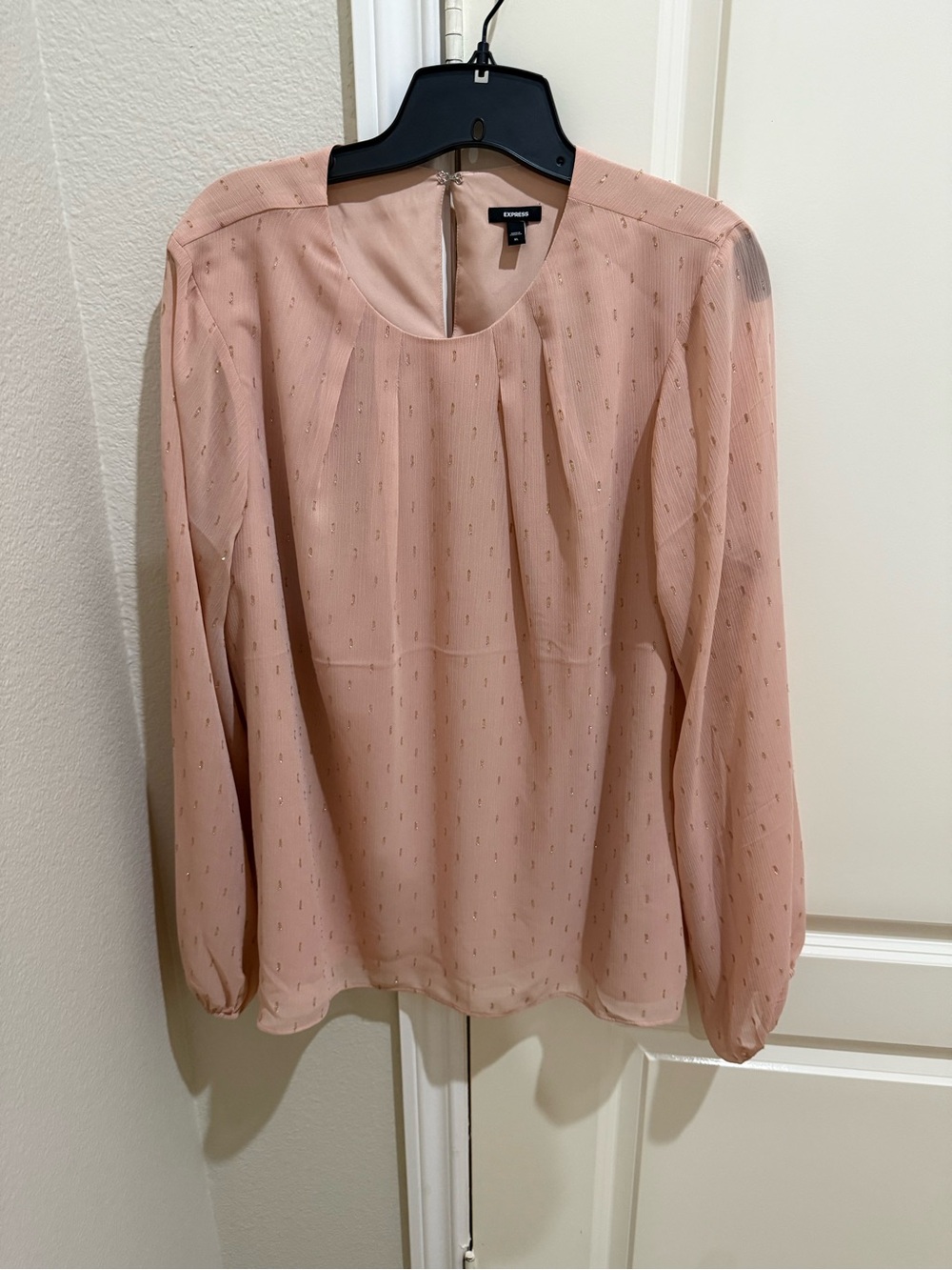 Express Women's Dusty Lined Blush Pink Long-Sleeve Metallic Dot Blouse XL
